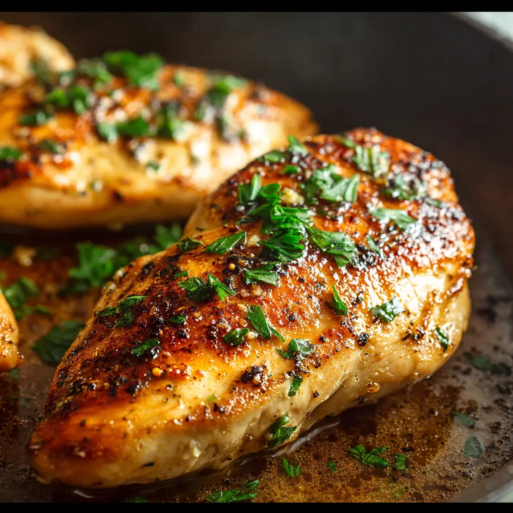 Close-up of a perfectly cooked Baked Chicken Breast, showing its juicy interior and golden-brown crust.