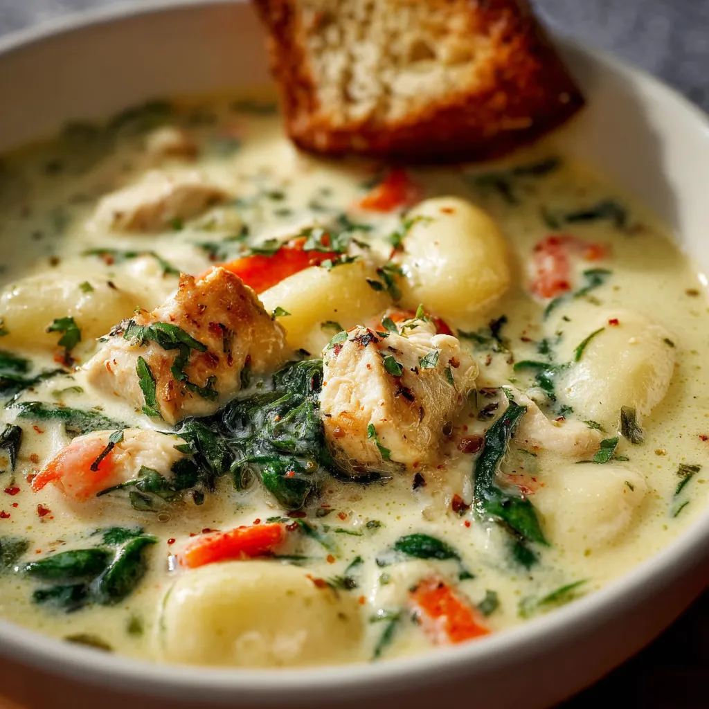 Close-up of creamy Chicken Gnocchi Soup in a bowl, showcasing its rich texture and appetizing ingredients.