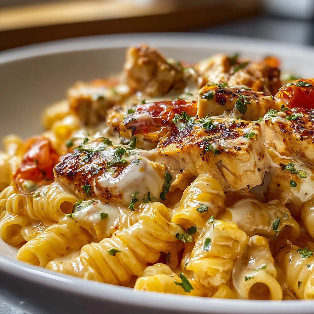 Close-up of a delicious serving of Italian Chicken Mozzarella Pasta, showcasing the melted cheese and vibrant sauce.