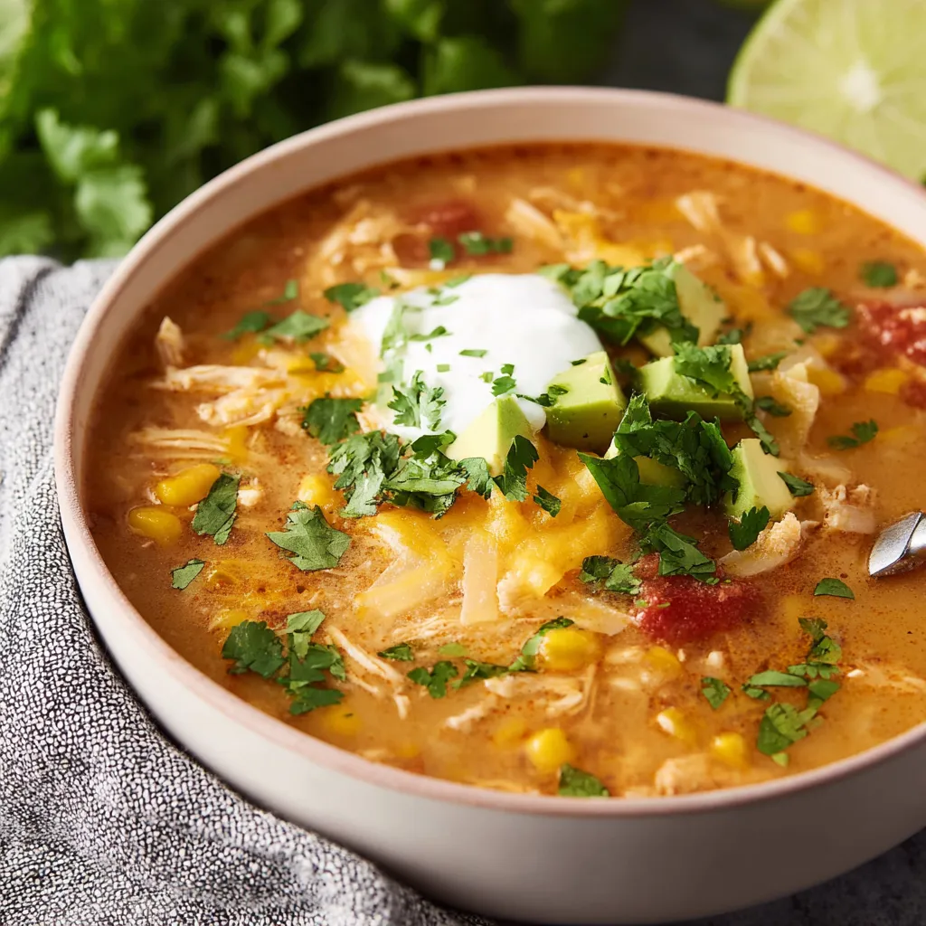 Close-up of a hearty bowl of Green Enchilada Chicken Soup, showcasing the vibrant green broth and shredded chicken.