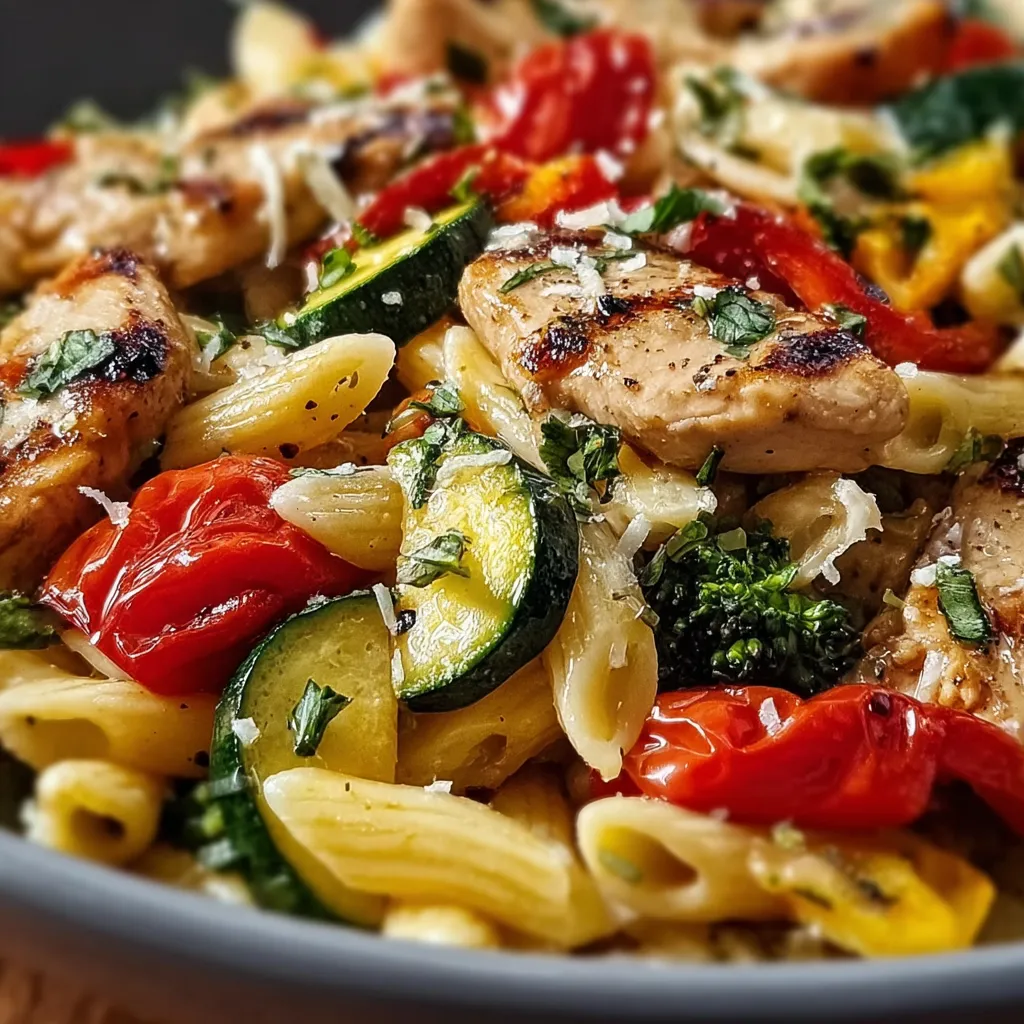 Close-up of a vibrant Vegetable Packed Chicken Pasta Primavera dish showcasing colorful spring vegetables and tender chicken mixed with pasta.
