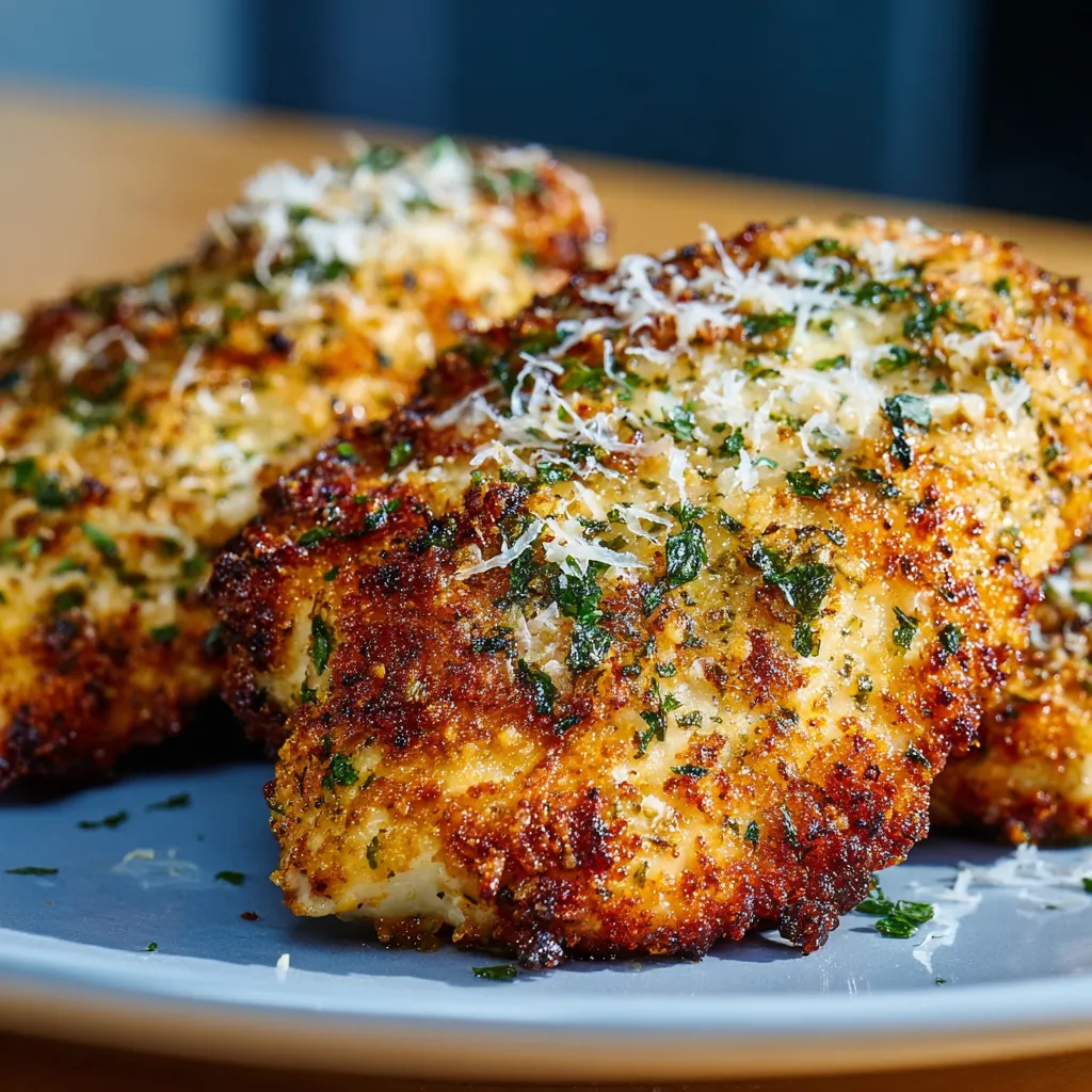 Close-up of perfectly cooked Garlic Parmesan Air Fryer Chicken showcasing its crispy texture and golden-brown color.