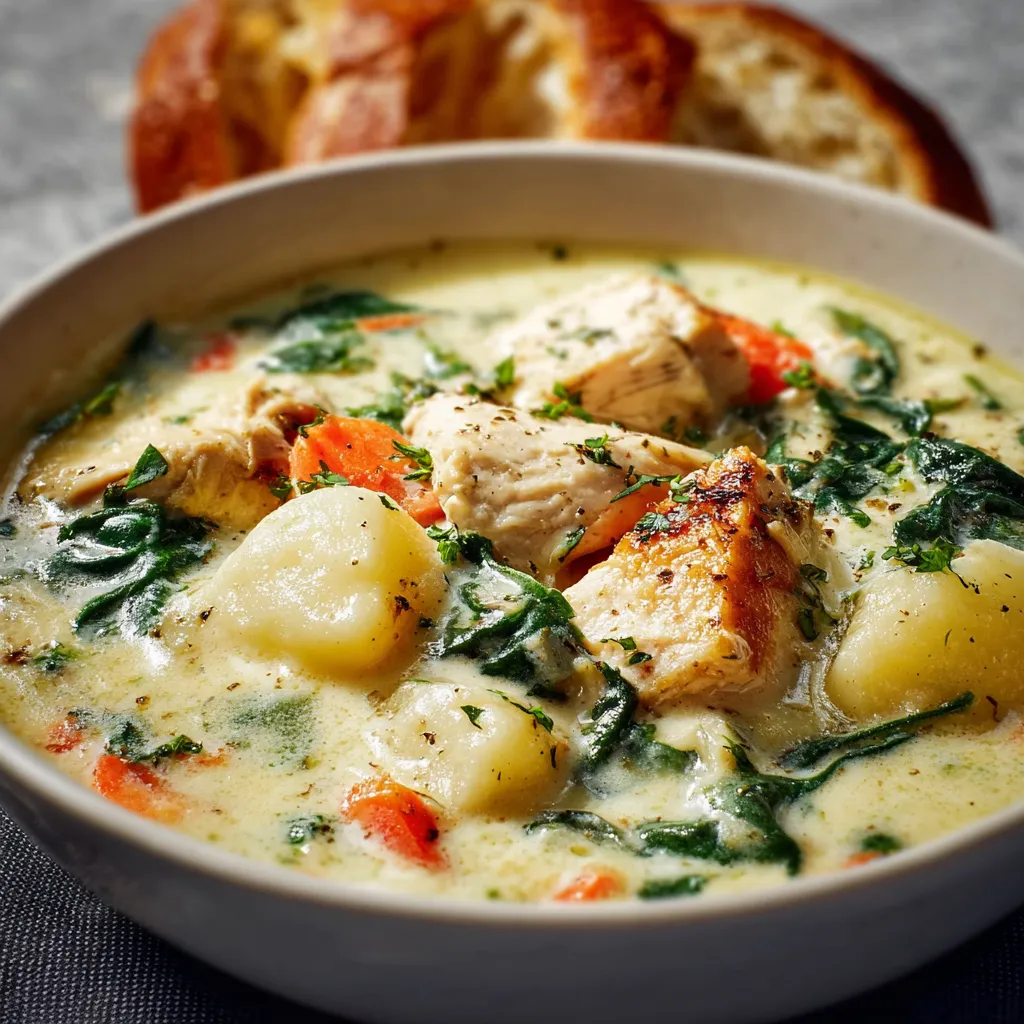 Creamy Chicken Gnocchi Soup is served in a white bowl as a featured image.