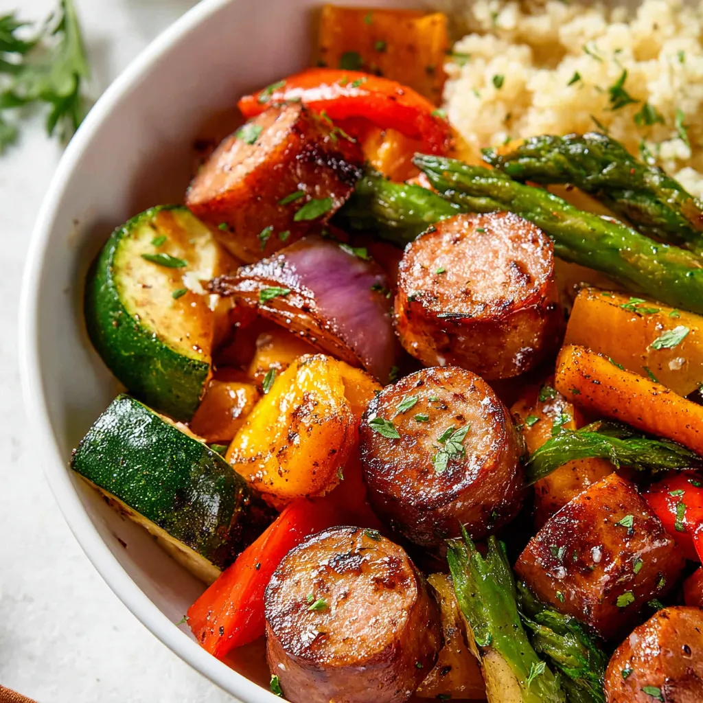 A close-up of a colorful and healthy meal of 10 Minute Air Fryer Chicken Sausage & Veggies-beginner, showcasing the cooked sausage and vegetables.