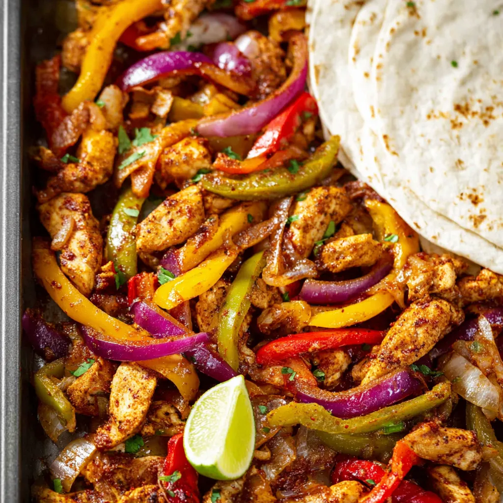 Close-up shot of colorful and delicious 30 Minute Sheet Pan Chicken Fajitas - Dinner Done! sizzling on a sheet pan, ready to be served.
