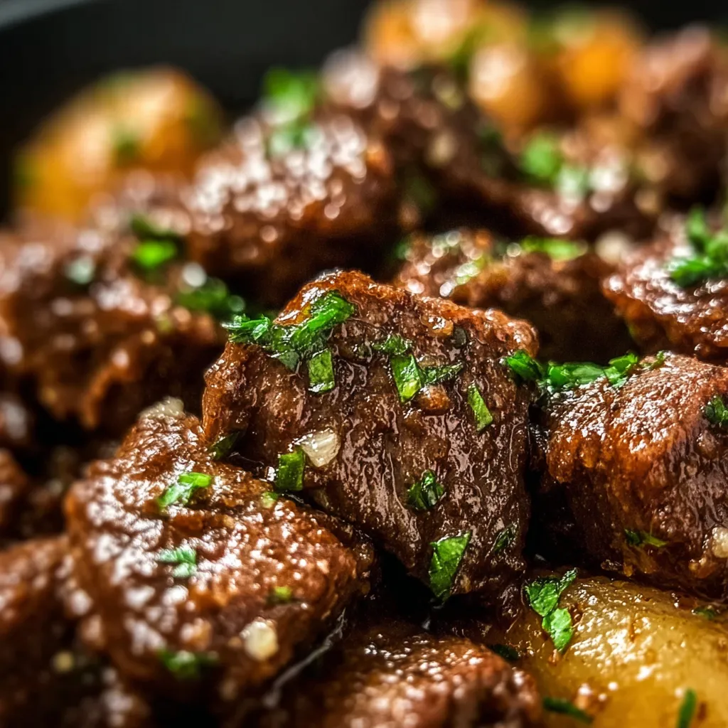 Close-up shot of juicy Garlic Butter Beef Bites sizzling in a pan, ready to be enjoyed.
