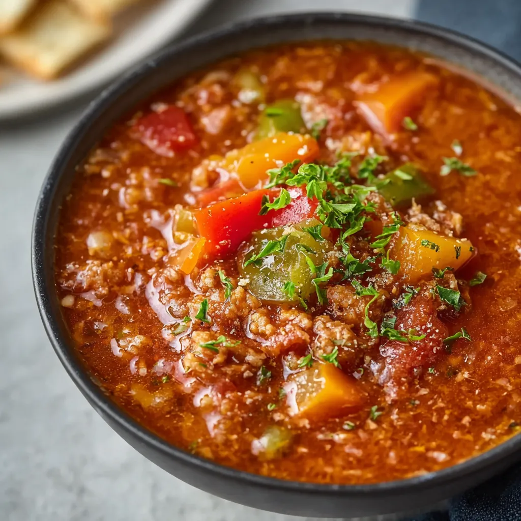 Close-up shot of a bowl of hearty Stuffed Pepper Soup, showcasing the colorful vegetables and rich broth.