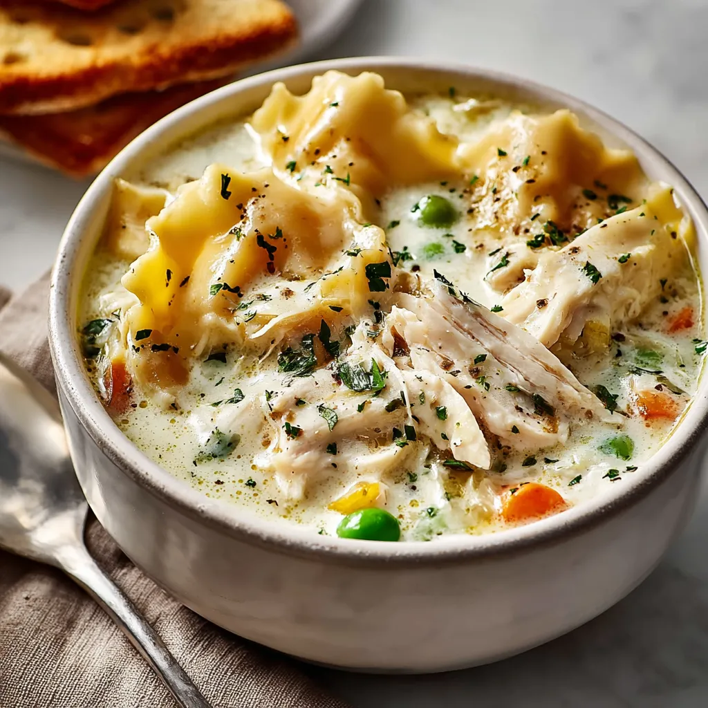 Close-up of creamy White Chicken Lasagna Soup in a bowl, showcasing its cheesy texture and chicken pieces.
