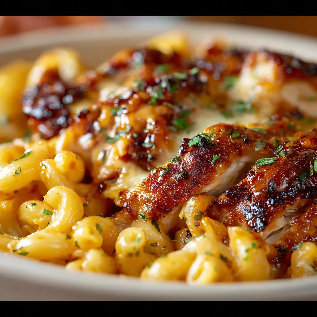 Close-up of a creamy BBQ Chicken Mac and Cheese dish, showcasing the melted cheese and tender chicken.