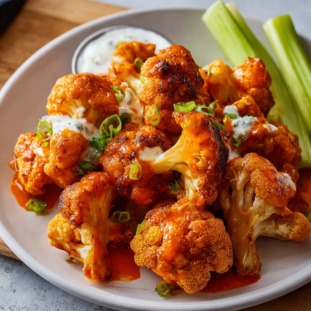 Air Fryer Buffalo Cauliflower is shown cooked and ready to eat in a close-up shot.
