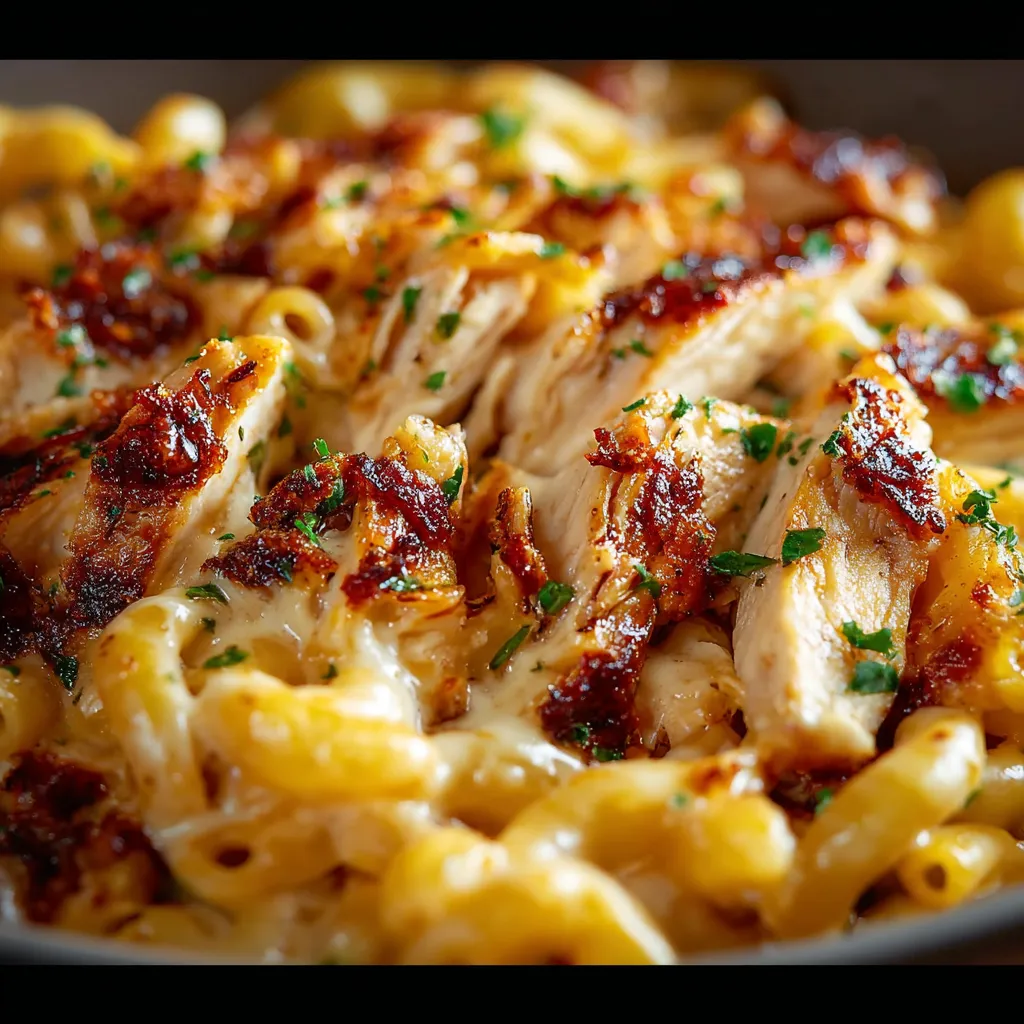 Close-up shot of creamy BBQ Chicken Mac and Cheese, showcasing the cheesy texture and barbecue chicken pieces.