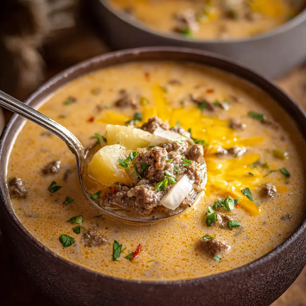 Close-up view of hearty Beef & Potato Soup in a bowl, showcasing the delicious ingredients.