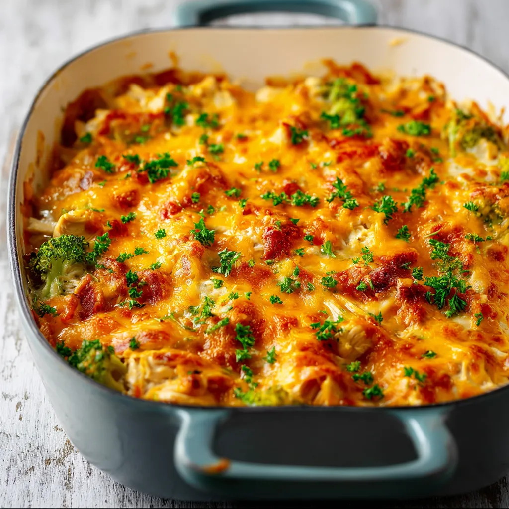 A close-up shot of a creamy and golden-brown Chicken Casserole, ready to be served.
