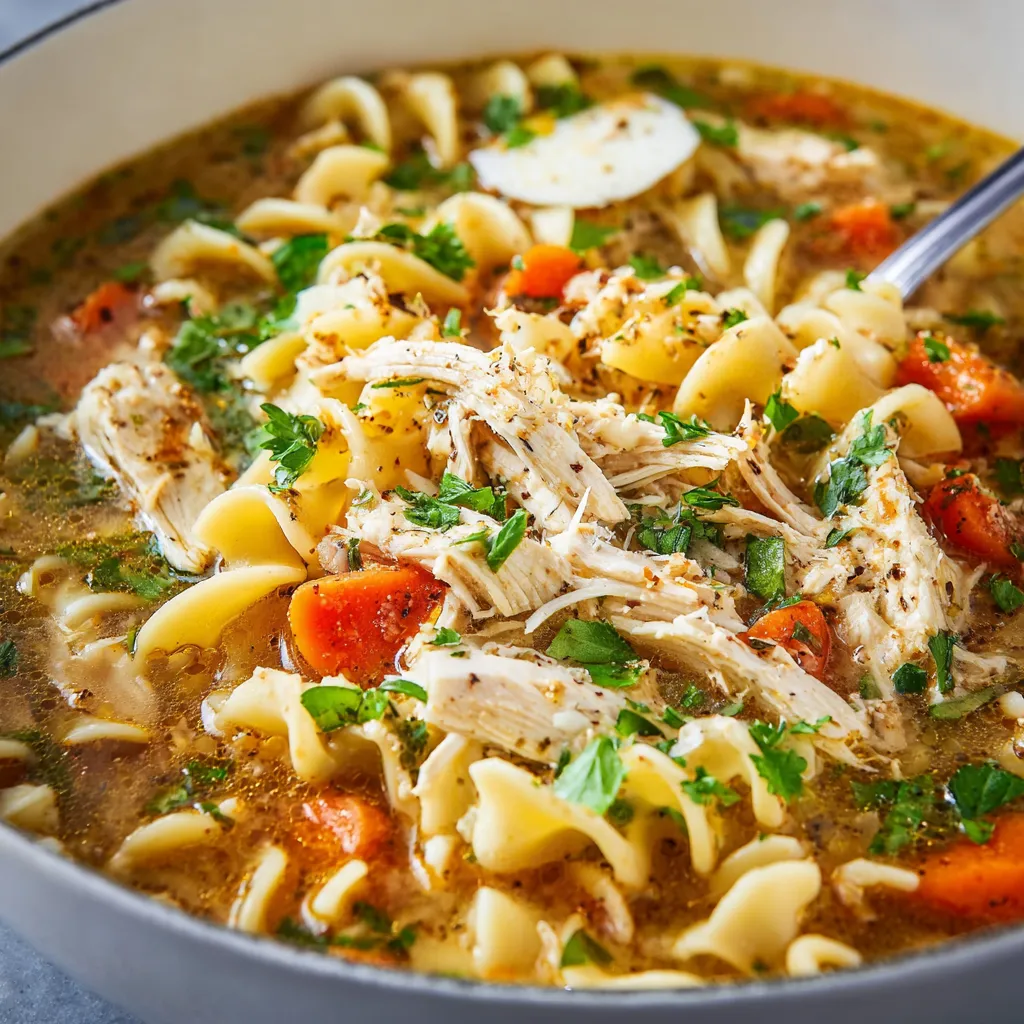 Close-up shot of a comforting bowl of Chicken Noodle Soup.