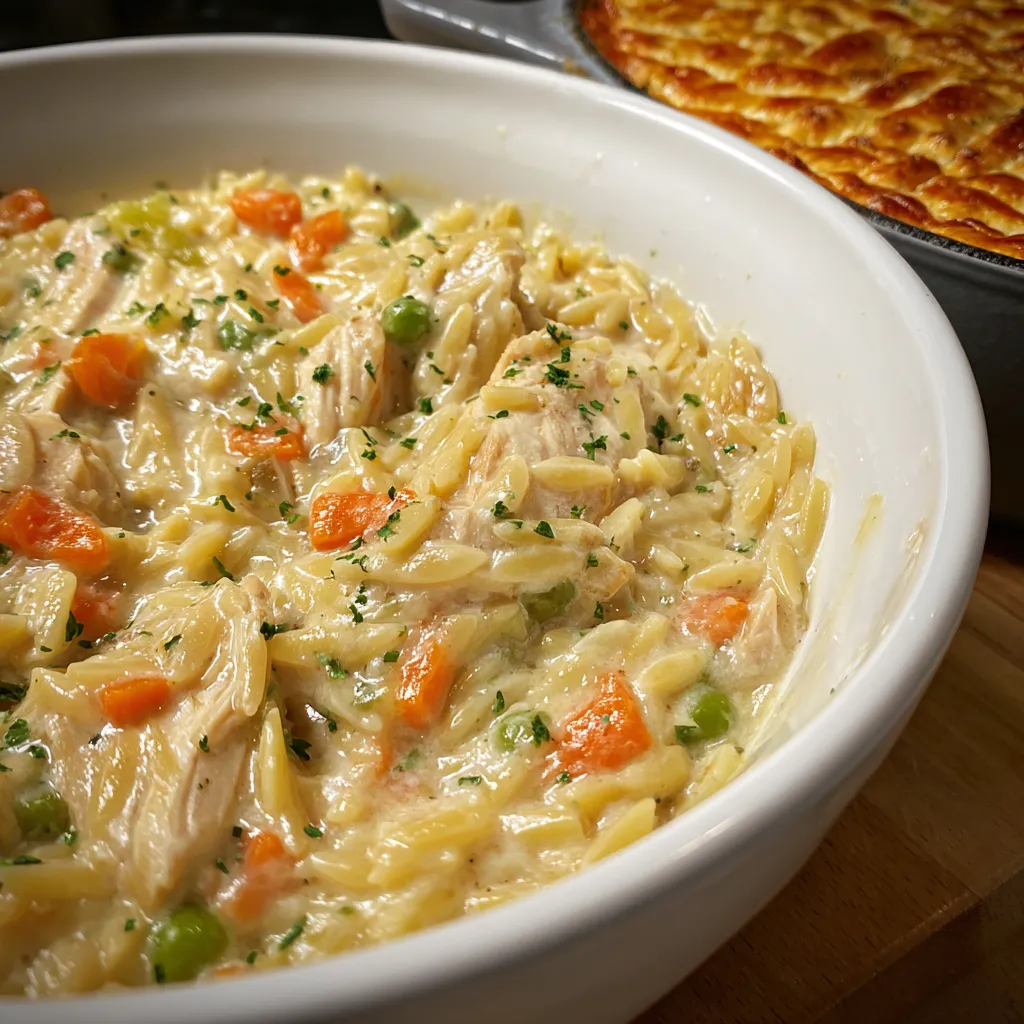 A close-up shot showcases a creamy, golden Chicken Pot Pie Orzo dish, highlighting its tender chicken and vegetable filling.