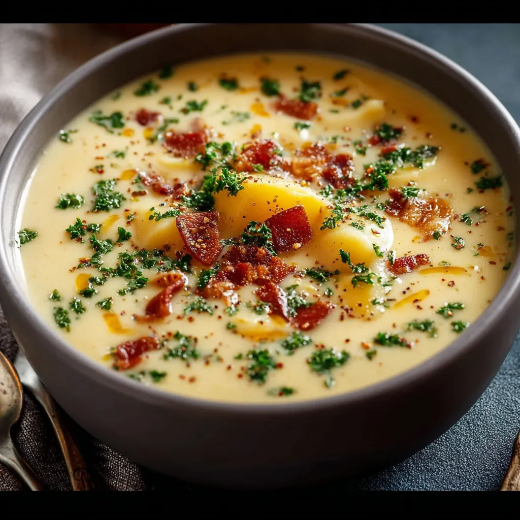 Close-up view of a bowl of Creamy Potato Soup, showcasing its rich texture and garnished with fresh herbs.