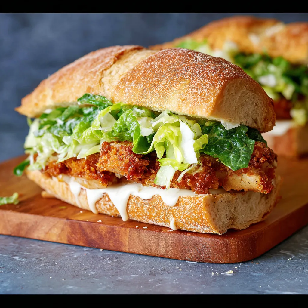 Close-up view of a delicious Crispy Chicken Caesar Sandwich, showcasing its layers of crispy chicken, fresh lettuce, and creamy Caesar dressing.