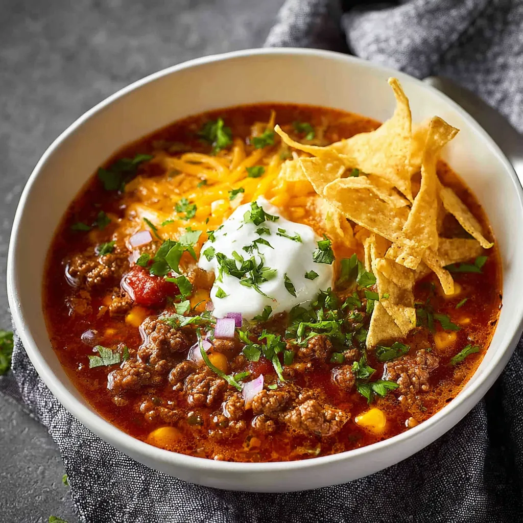 A close-up shot of a delicious bowl of Taco Soup showcases its rich broth and vibrant toppings.