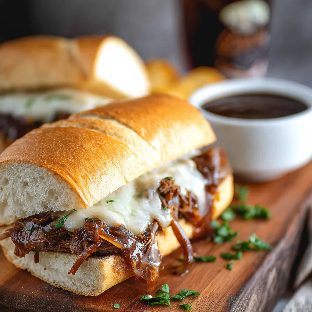 Close-up shot of flavorful French Dip Sandwiches, highlighting the juicy meat and crusty bread.