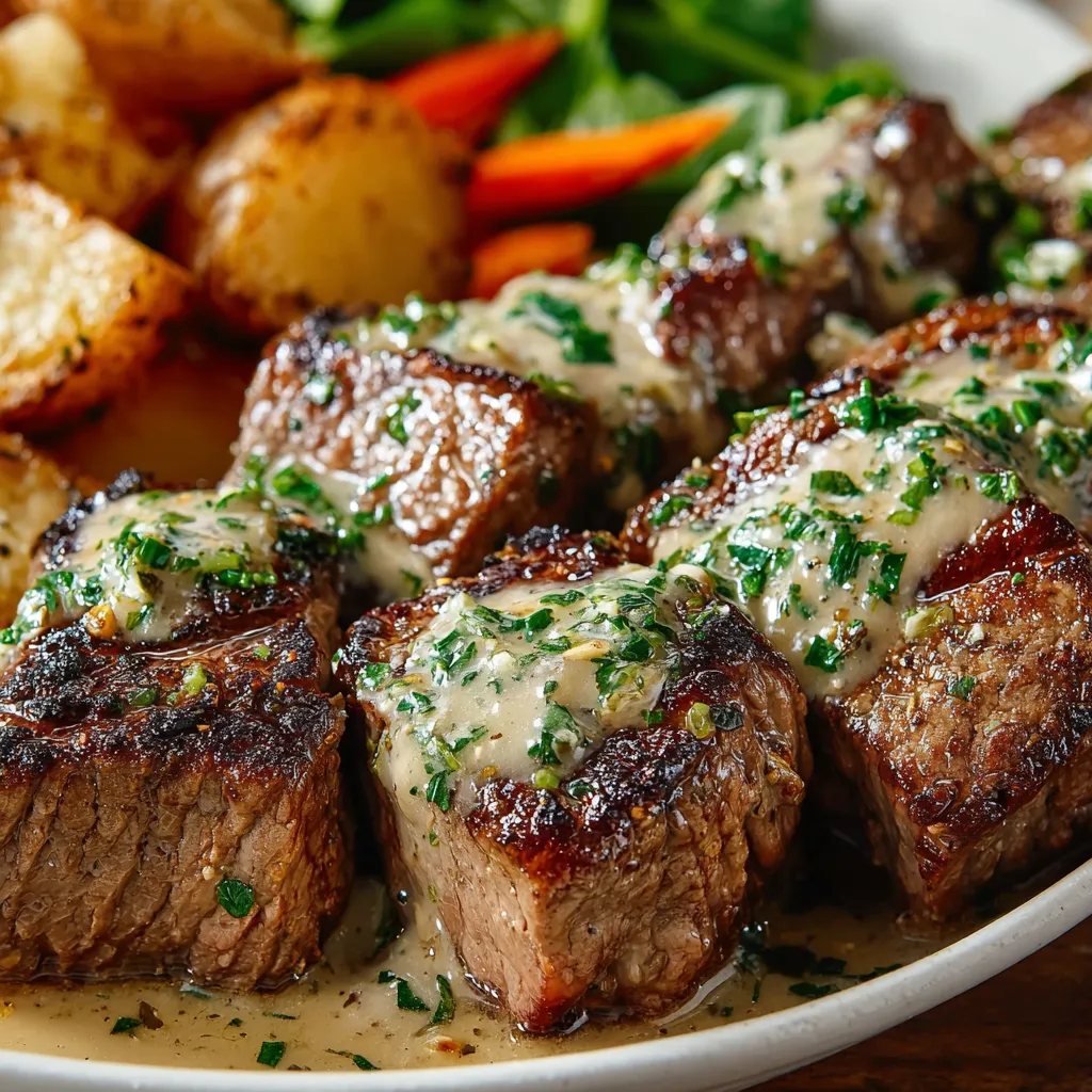Close-up of a juicy Garlic Butter Steak sizzling and ready to eat.