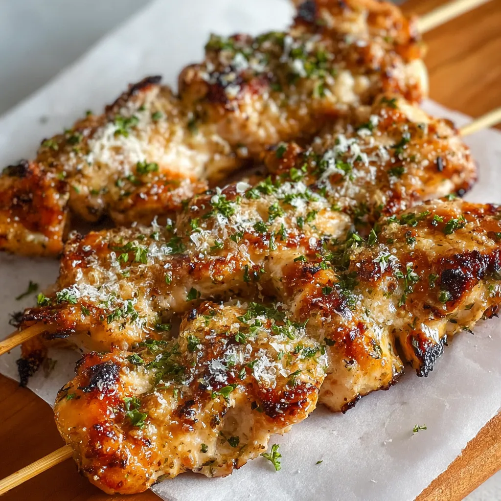 Close-up showcases delicious Grilled Ranch Garlic Parmesan Chicken Skewers, perfect for a summer barbecue.