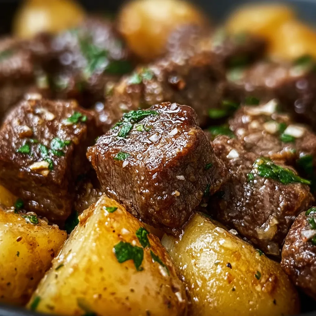 Close-up view of appetizing High Protein Slow Cooker Garlic Butter Beef Bites-easy Dinner, ready to be served.
