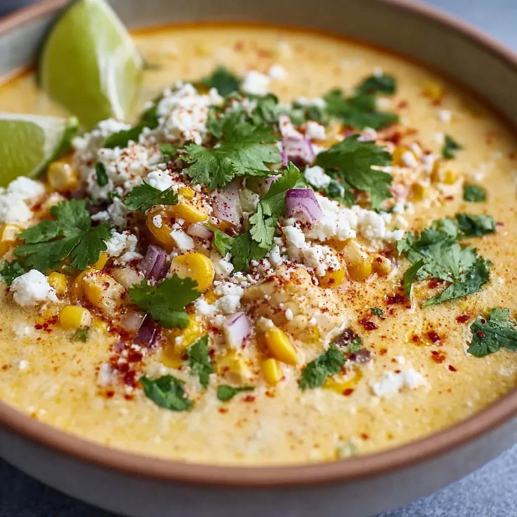 Close-up of a creamy and delicious Mexican Street Corn Soup Crockpot, showcasing its vibrant colors and tempting texture.