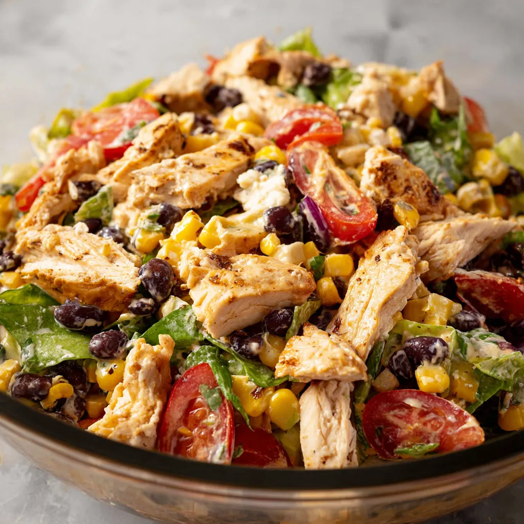 Close-up of a vibrant Southwest Chicken Salad showcasing the colorful ingredients.