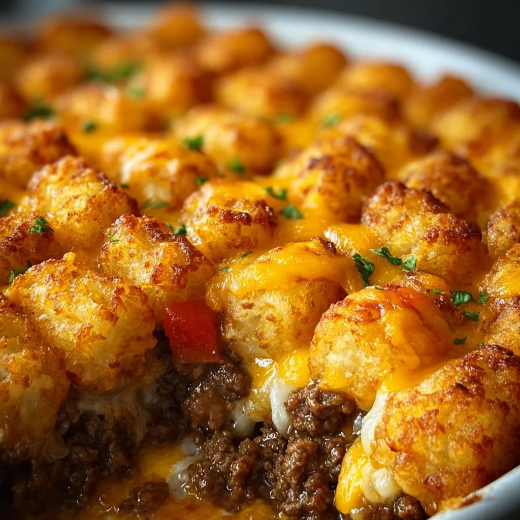 Close-up of a freshly baked Tater Tot Casserole, showcasing its golden-brown tater tot topping.