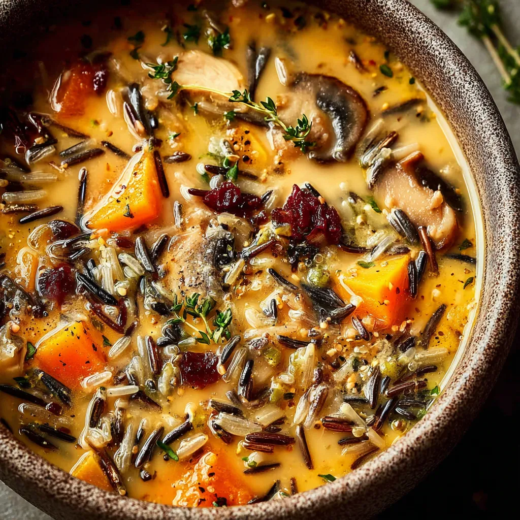 Close-up of creamy and delicious Wild Rice Soup in a bowl, ready to be enjoyed.