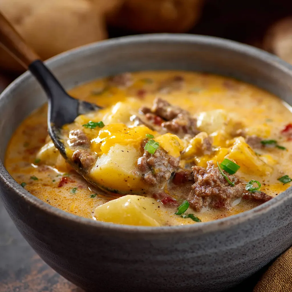 Close-up shot of hearty Cheesy Beef & Potato Soup in a bowl, showcasing the melted cheese and tender beef.