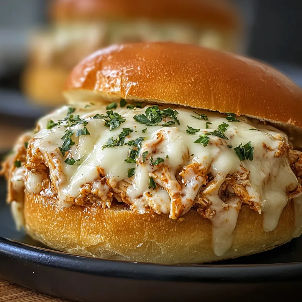 A close-up shot showcases delicious Chicken Alfredo Sloppy Joes, piled high on a bun and ready to eat.
