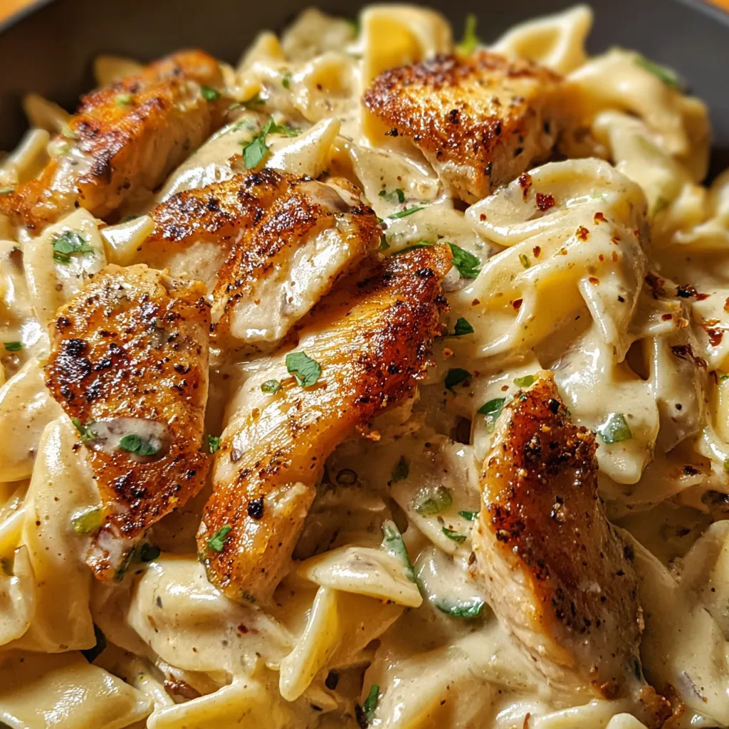 Close-up of delicious Creamy Cajun Chicken Pasta, showcasing its creamy sauce and tender chicken.