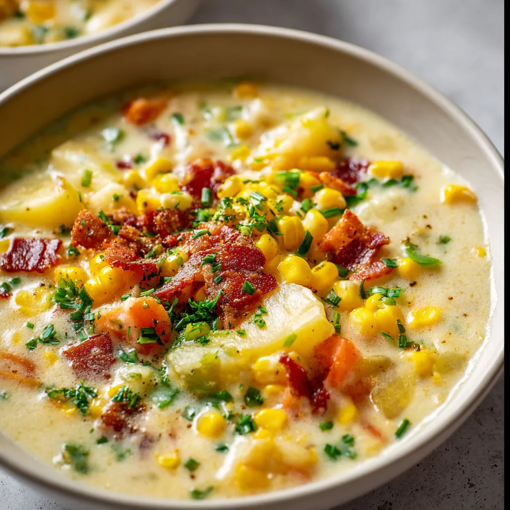 A close-up shot of a bowl of Creamy Corn Chowder showcases its rich texture and inviting appearance.