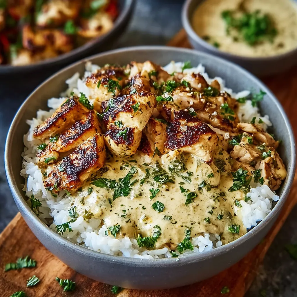 Close-up of Creamy Garlic Chicken Rice Bowls showcasing the creamy sauce and tender chicken over fluffy rice.