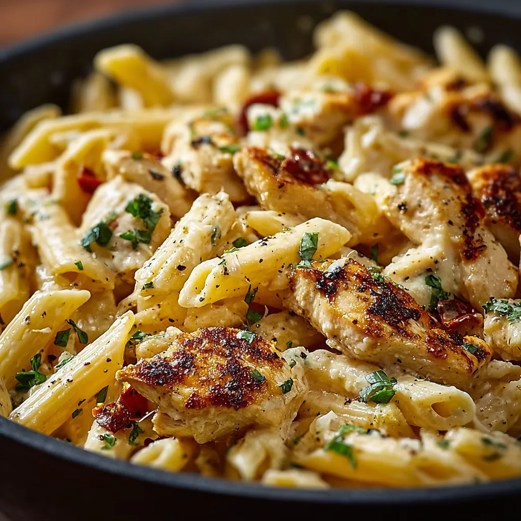 Close-up shot of delicious Creamy Marry Me Chicken Pasta ready to be served, highlighting its creamy sauce and perfectly cooked chicken.
