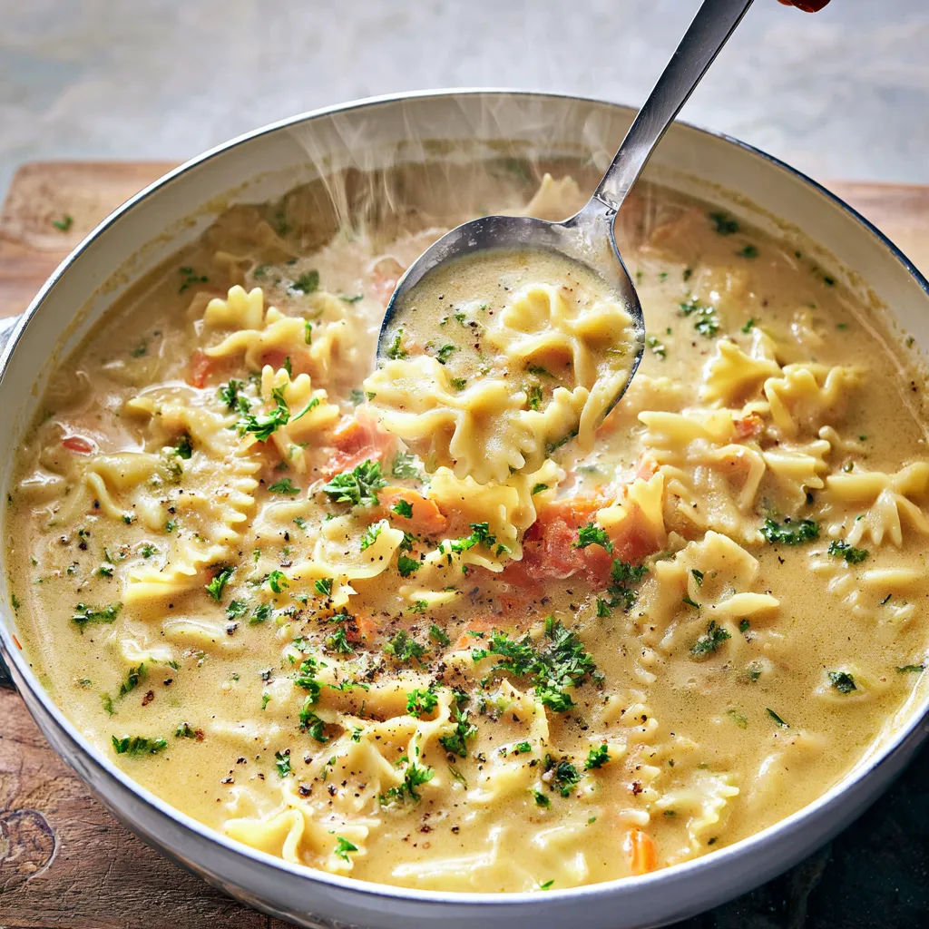 Close-up shot of delicious Creamy Pasta Soup, showcasing the creamy texture and pasta shapes.