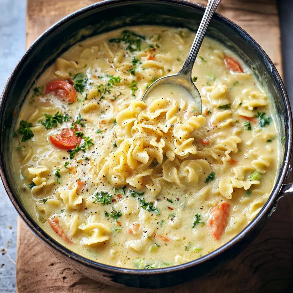 A close-up shot showcases a bowl of creamy pasta soup, highlighting the texture of the pasta and the rich, flavorful broth.