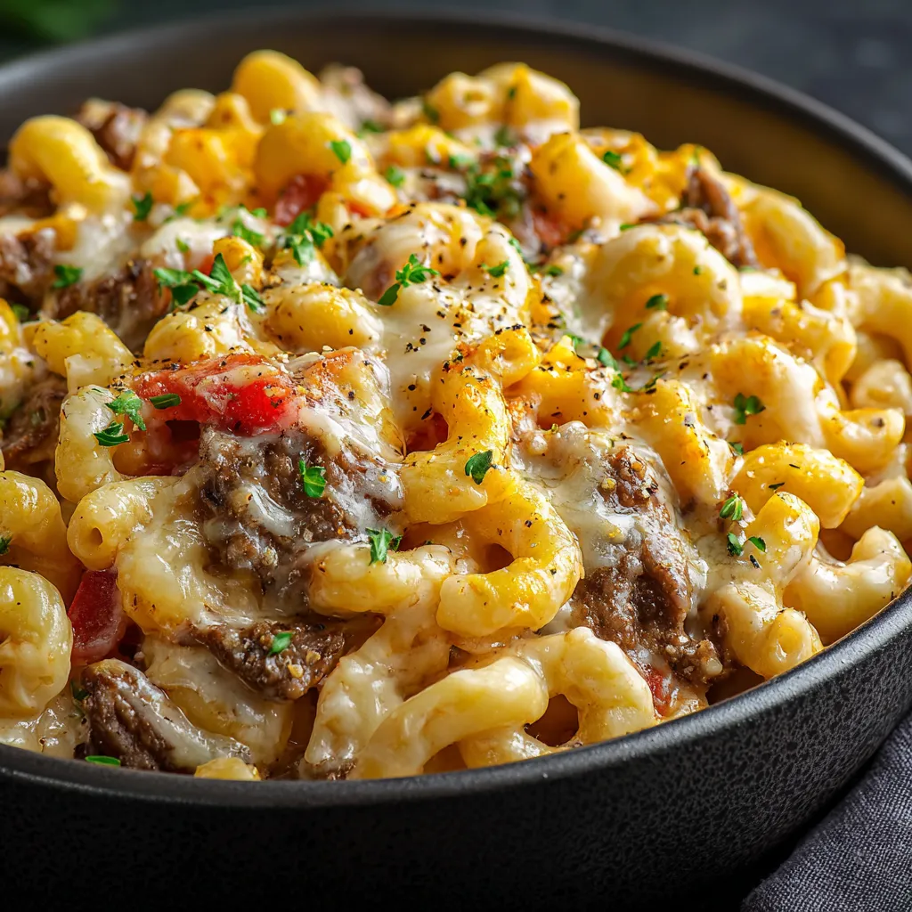 Close-up of a bubbling dish of Creamy Philly Cheesesteak Mac & Cheese, showcasing its creamy texture and browned topping.