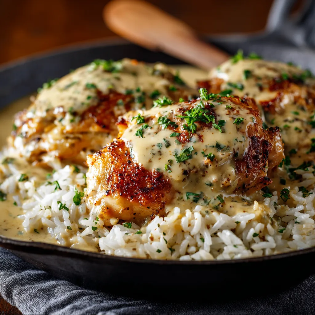 Creamy Smothered Chicken And Rice, a comforting dish with tender chicken and fluffy rice smothered in a rich, creamy sauce.