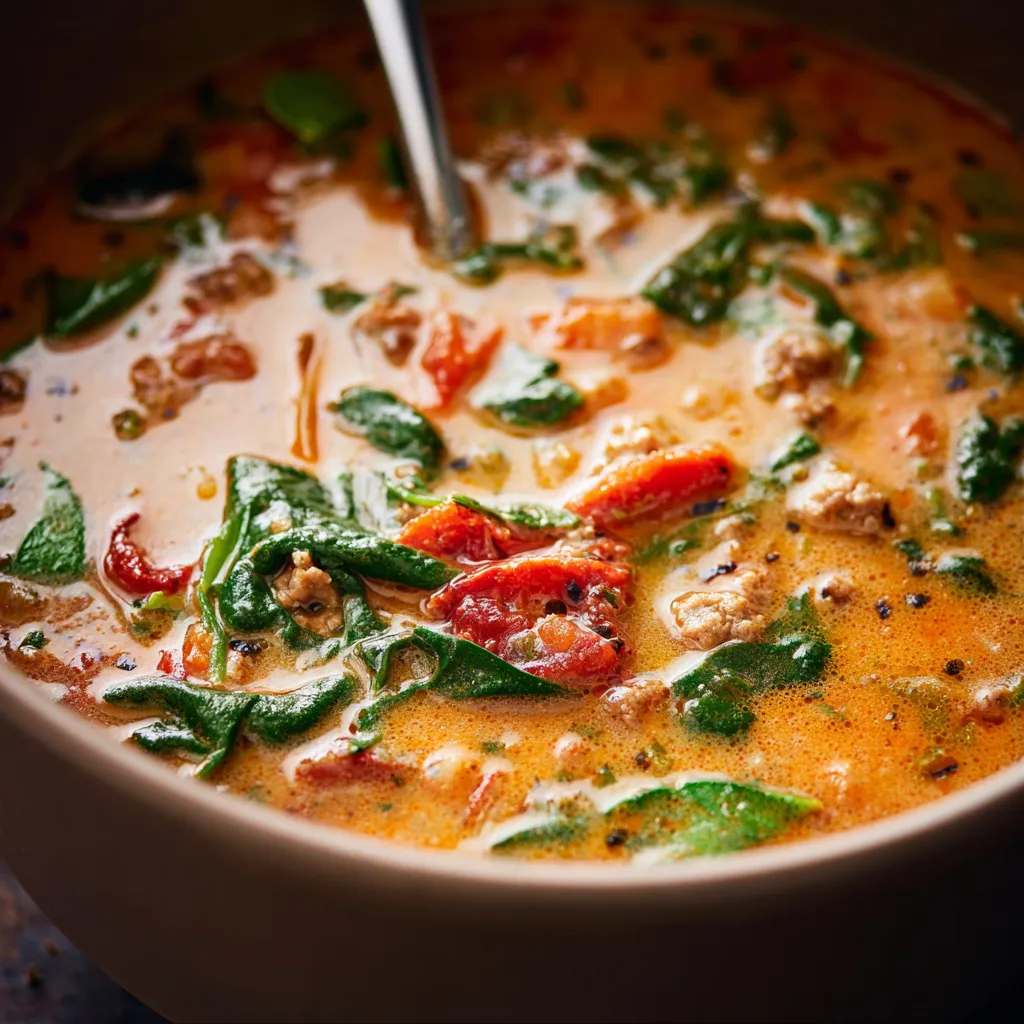 Close-up shot of a bowl of Creamy Tuscan Soup, highlighting its rich texture and vibrant ingredients.