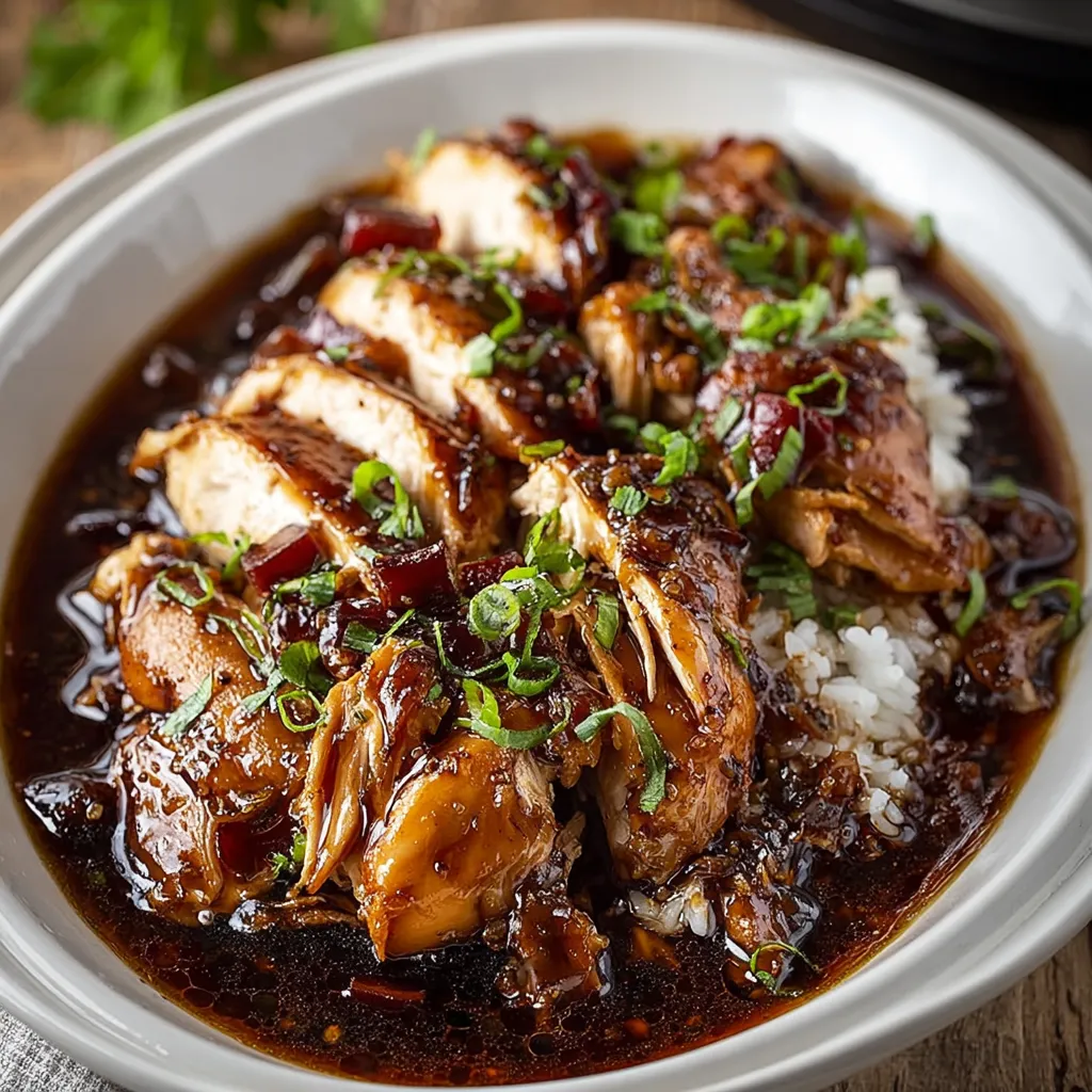 Close-up of savory Crock Pot Bourbon Chicken simmering in a slow cooker.