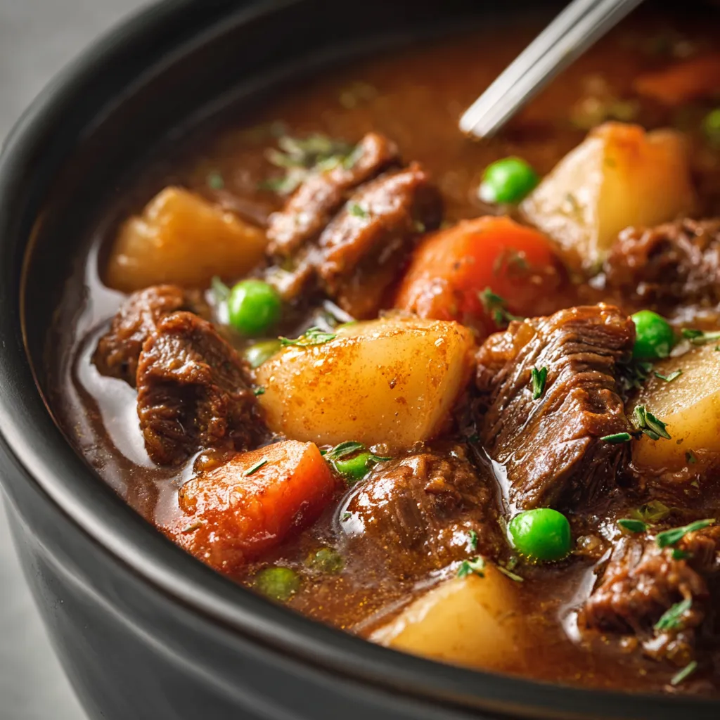 Hearty Crockpot Beef Stew simmers in a slow cooker, showcasing a comforting and flavorful dish.