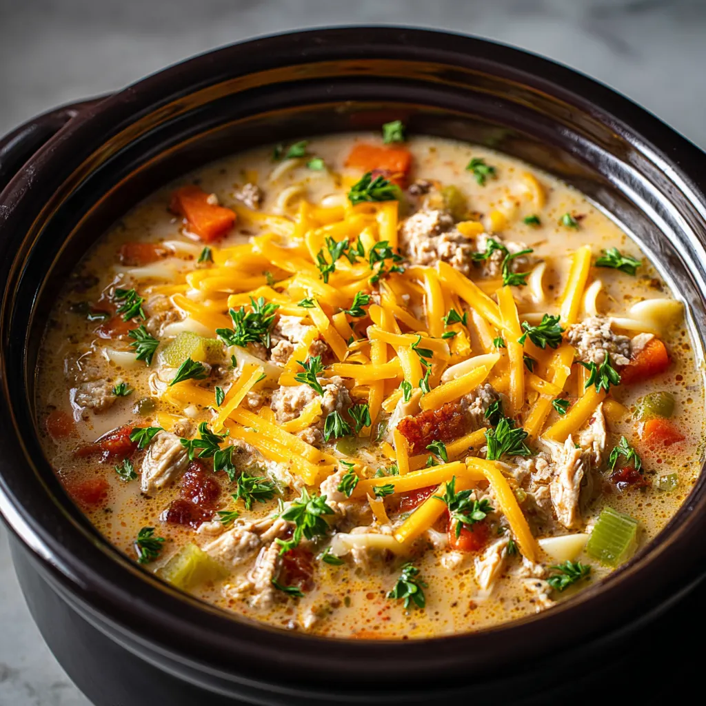 Close-up of a bowl of creamy Crockpot Cheeseburger Soup, showcasing the melted cheese and beefy broth.