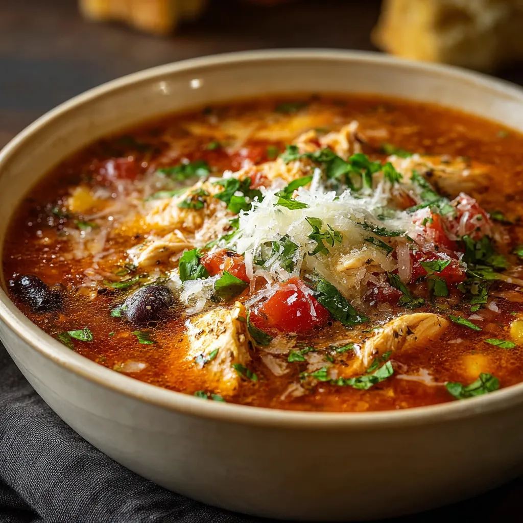 Close-up view of a bowl of creamy Crockpot Chicken Parmesan Soup, showcasing the melted cheese and tender chicken.