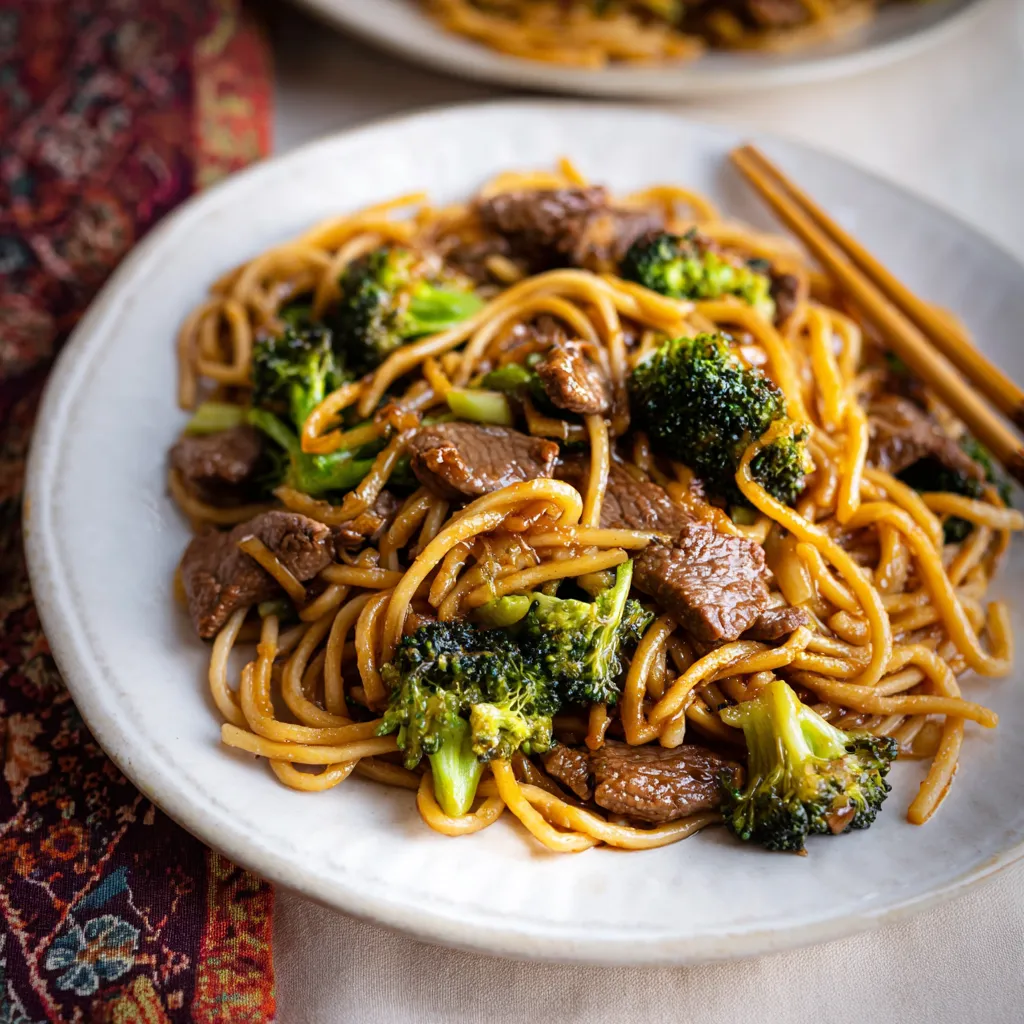 Close-up of delicious Beef And Broccoli Lo Mein Noodles, showcasing the tender beef, vibrant broccoli, and glistening noodles.
