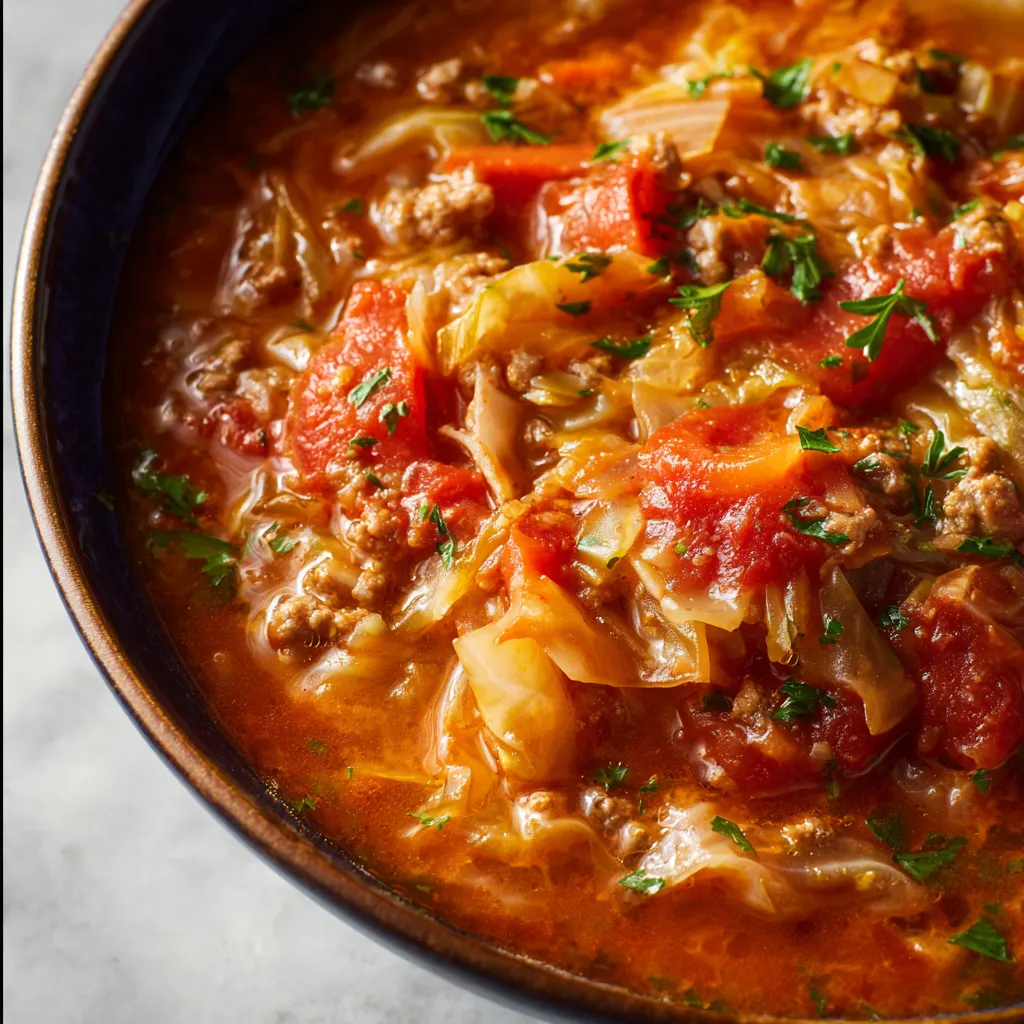 Close-up of a simmering pot of hearty Cabbage Roll Soup, showcasing the vibrant colors and textures of the ingredients.