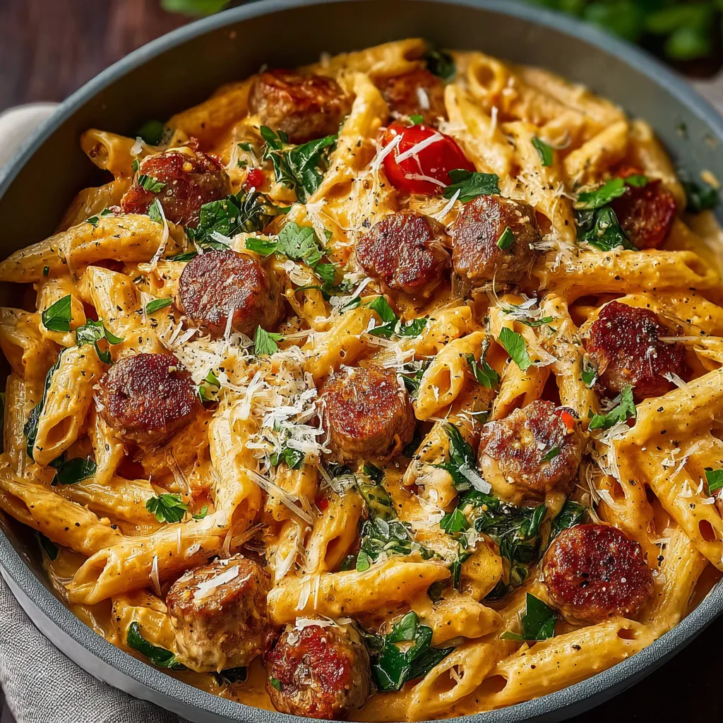Close-up of a vibrant plate of Cajun Sausage Pasta, showcasing the creamy sauce and colorful vegetables.