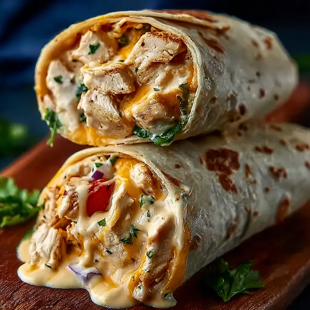 Close-up of delicious Cheesy Garlic Chicken Wraps, showcasing the melted cheese and savory chicken filling.