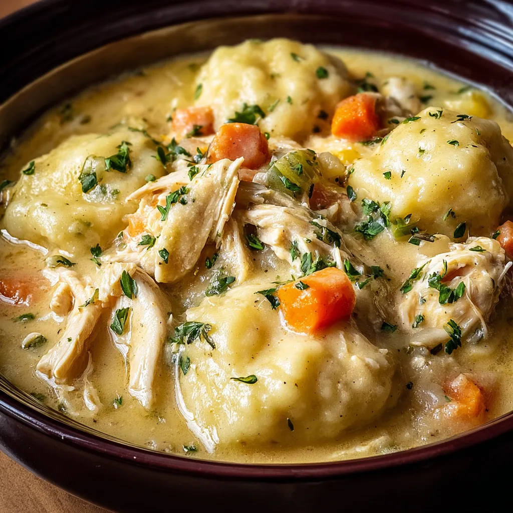 Close-up showing the creamy texture and comforting appearance of Chicken And Dumplings in a bowl.